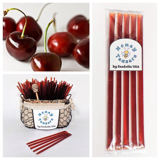 5 Pack CHERRY HONEY TEASERS Natural Honey Snack Sticks Honeystix Straws