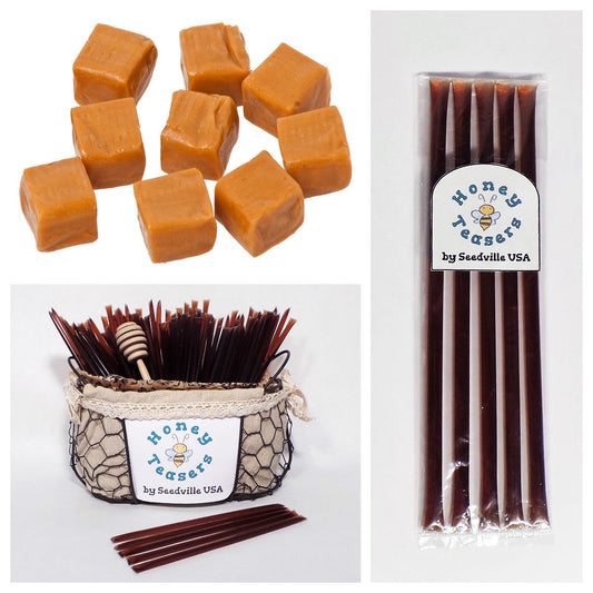 5 Pack CARAMEL HONEY TEASERS Natural Honey Snack Sticks Honeystix Straws